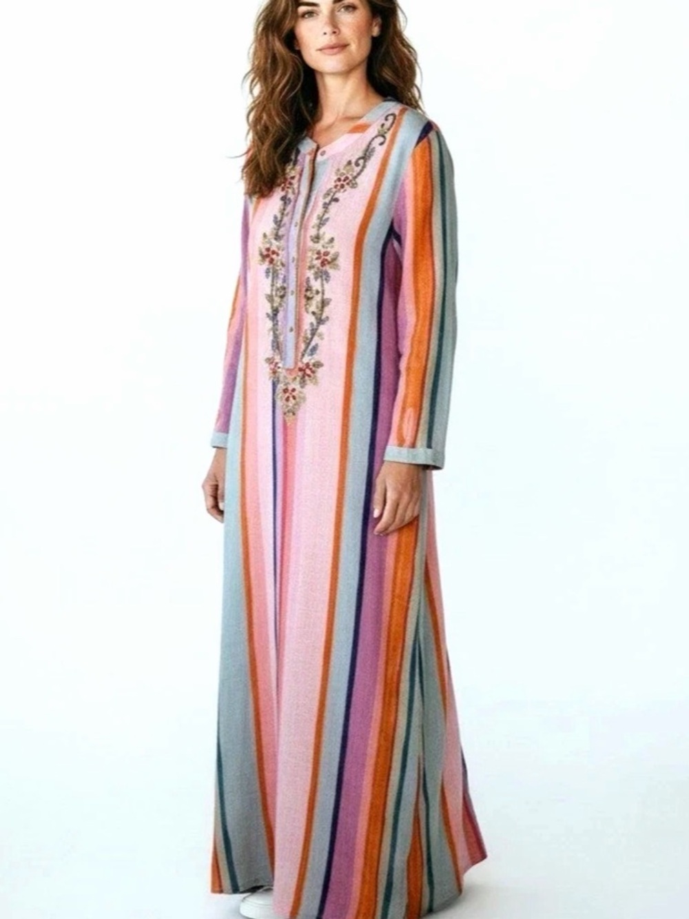 Soft Surroundings Aruba Caftan Striped Embroidered Maxi Dress Gauzy Resort Vacay - Picture 4 of 15